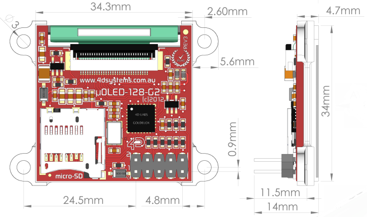 Mechanical Drawing - 4D Systems 4DGL-Platform Intelligent OLED Display Modules