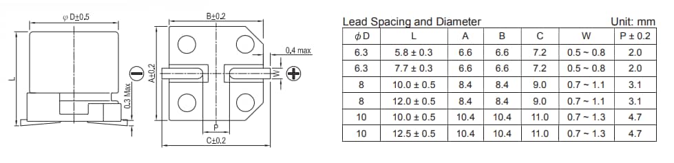 Mechanical Drawing - Lelon HBV Long Life Hybrid Polymer Capacitors