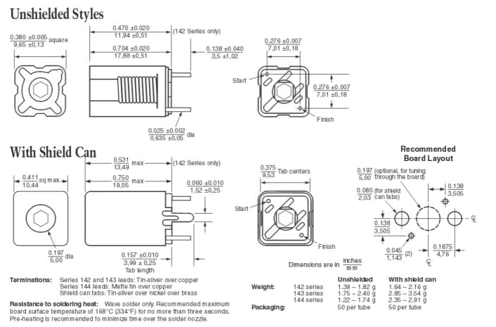 Mechanical Drawing - Coilcraft 142/143/144 Series 10mm Tunable Coils