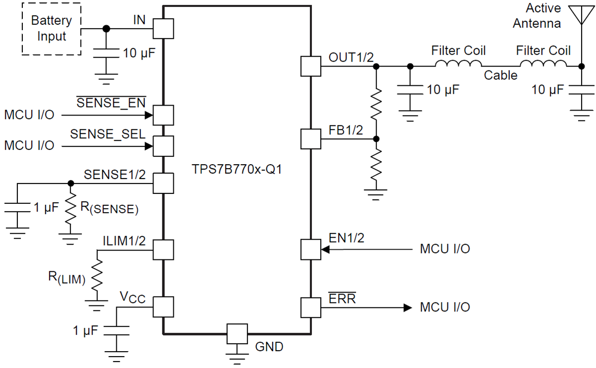 Application Circuit Diagram - Texas Instruments TPS7B7701/02-Q1 Single/Dual Antenna LDO