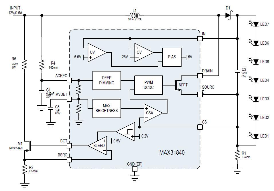 Block Diagram - Analog Devices / Maxim Integrated MAX31840 MR16 LED Driver