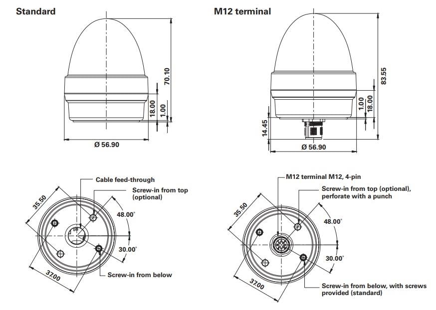 Mechanical Drawing - RAFI Tilted Diamond⁺ LED Indicators