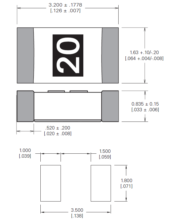 Mechanical Drawing - Littelfuse 501A AECQ Compliant High-Current Fast-Acting Fuses