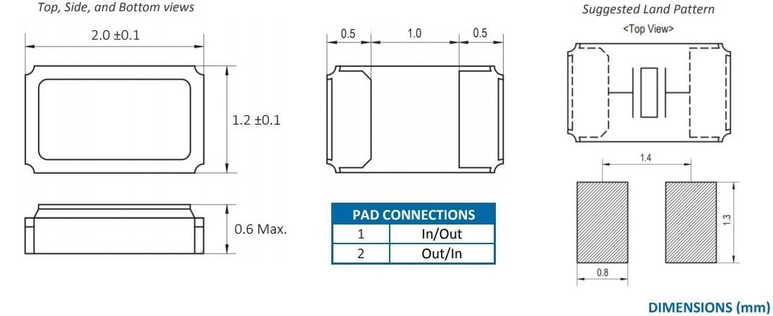 Mechanical Drawing - ECS ECX-12RR SMD Tuning Fork Crystals