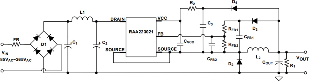 Application Circuit Diagram - Renesas Electronics RAA223021 700V Non-Isolated AC-DC Buck Regulator