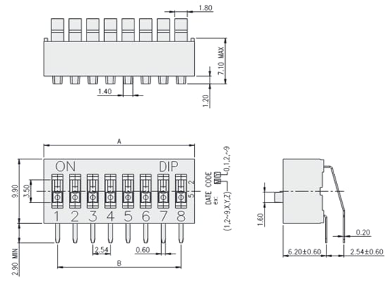 Mechanical Drawing - Diptronics NDA Series DIP Switches