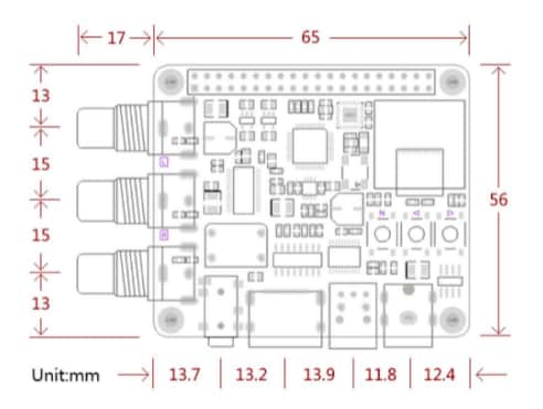 Mechanical Drawing - DFRobot DAC Audio Decoder Board for Raspberry Pi 3B+/ 4B