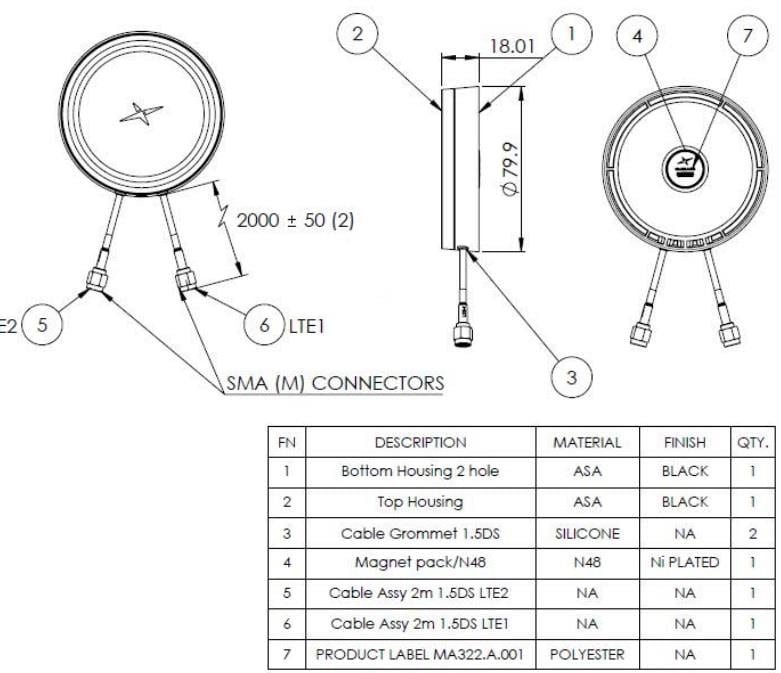 Mechanical Drawing - Taoglas MA322.A.001 Comet 5G/4G MIMO Antenna
