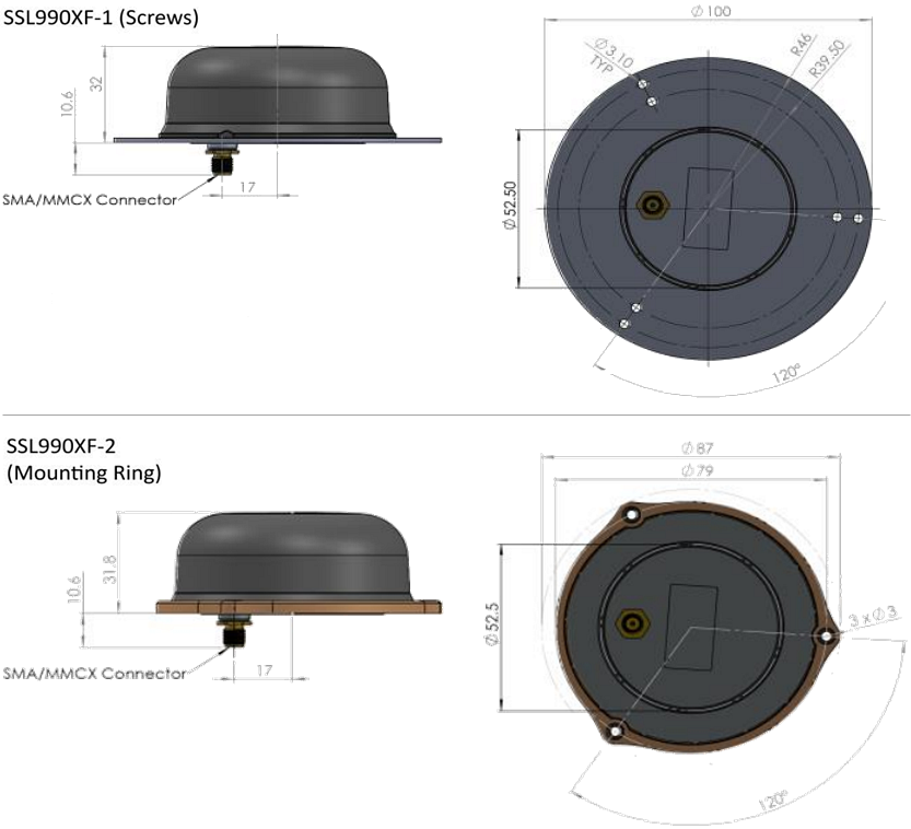 Mechanical Drawing - Tallysman SSL990XF Multi-Constellation Full-Band Antennas