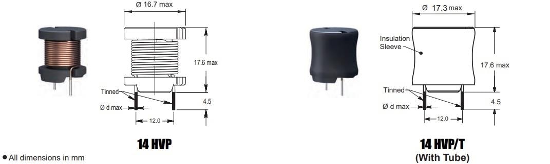Mechanical Drawing - Fastron 14HVP & 14HVP/T Pluggable Inductors