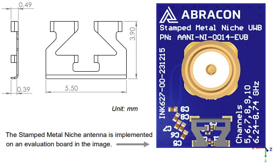Mechanical Drawing - Abracon AANI-NI-0014 Stamped Metal Niche UWB Antenna