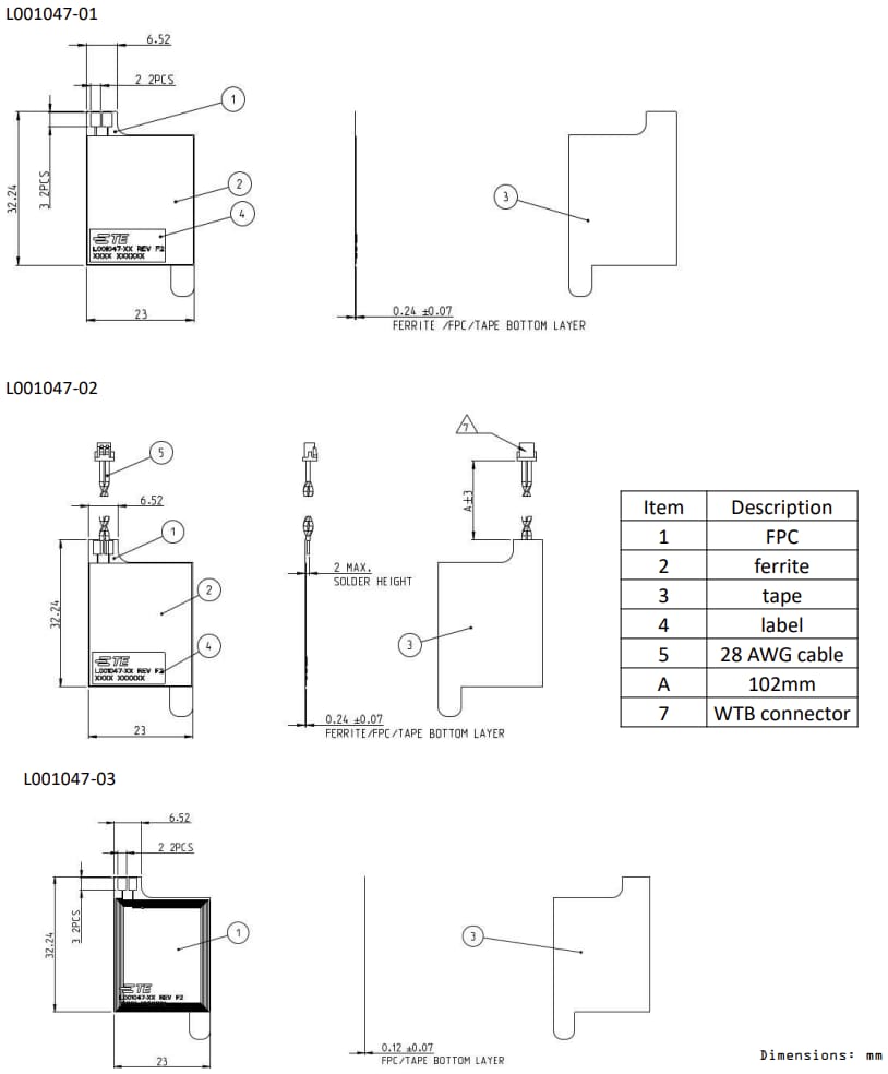 Mechanical Drawing - TE Connectivity L001047 Flexible PCB (FPC) Antennas