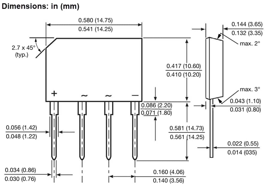 Mechanical Drawing - Vishay Semiconductors KBPE0480 Single In-Line Bridge Rectifier