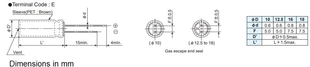 Mechanical Drawing - Chemi-Con KZN Aluminum Electrolytic Capacitors