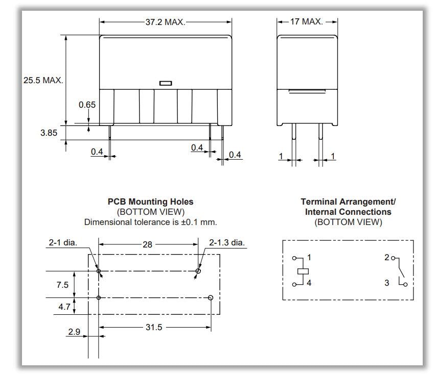 Mechanical Drawing - Omron Electronics G9KJ PCB High-Power Relays