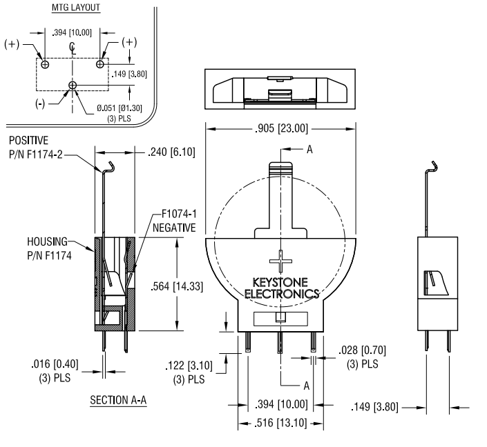 Mechanical Drawing - Keystone Electronics THM Locking Holders for 20mm Coin Cells
